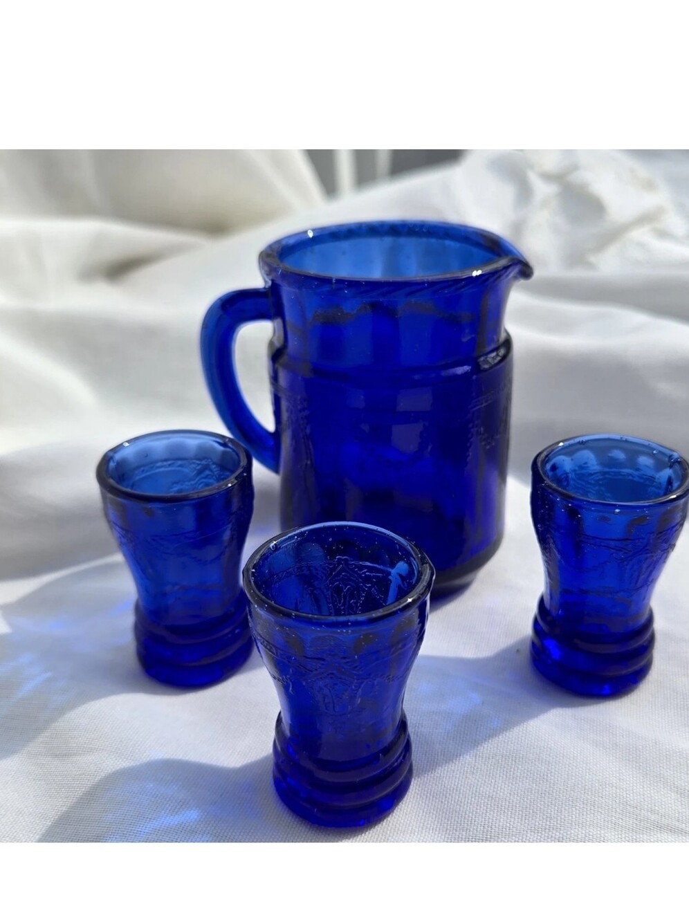 Mosser Glass Cobalt Blue Miniature Pitcher Set  “Ballerina” Pattern Heirloom